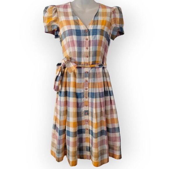 Gal Meets Glam Linen Puff Sleeve Plaid Midi Dress Pockets Tie Waist Size S - Picture 5 of 15